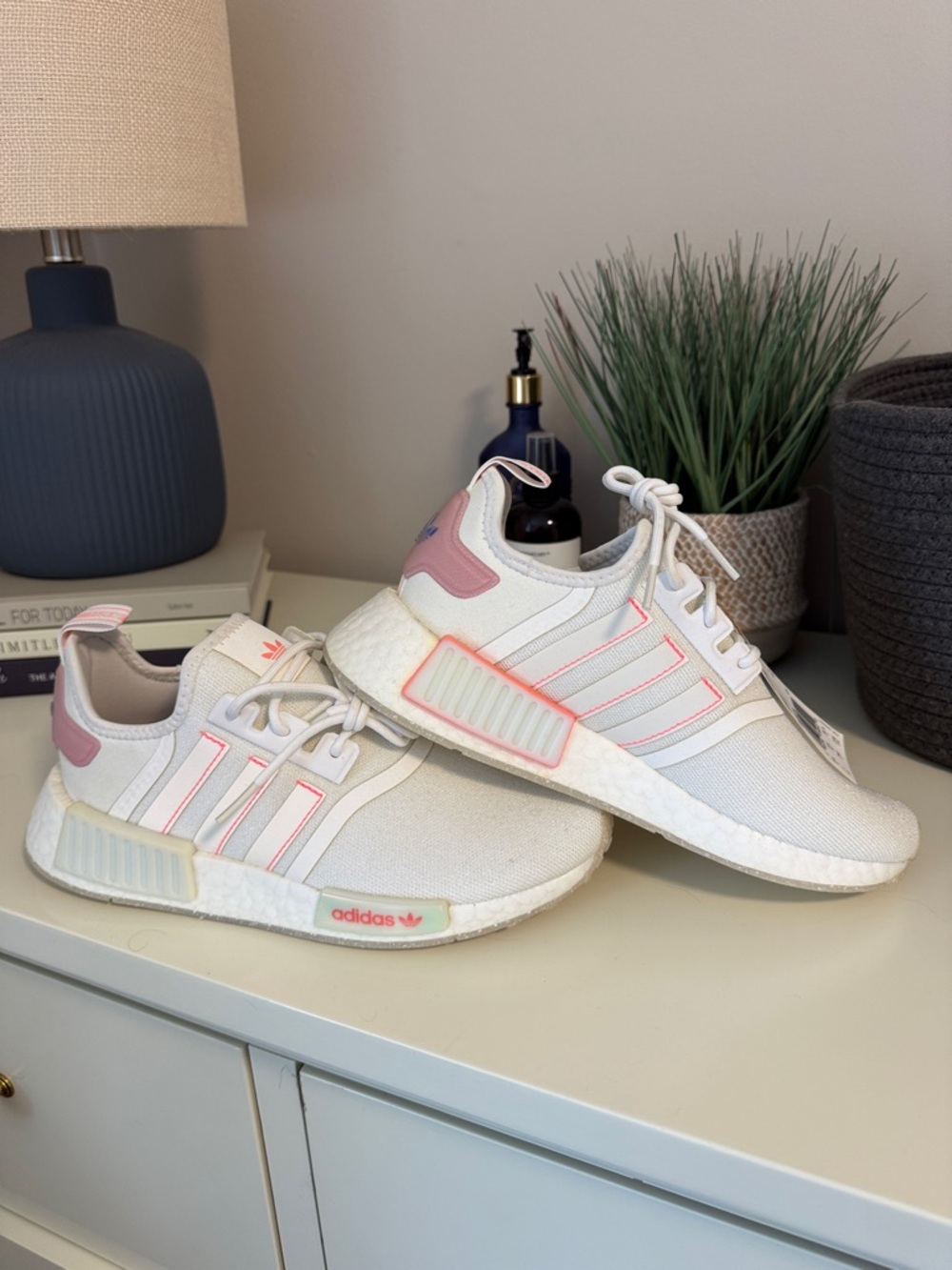 NMD Adidas White Sneakers with Pink Trim
